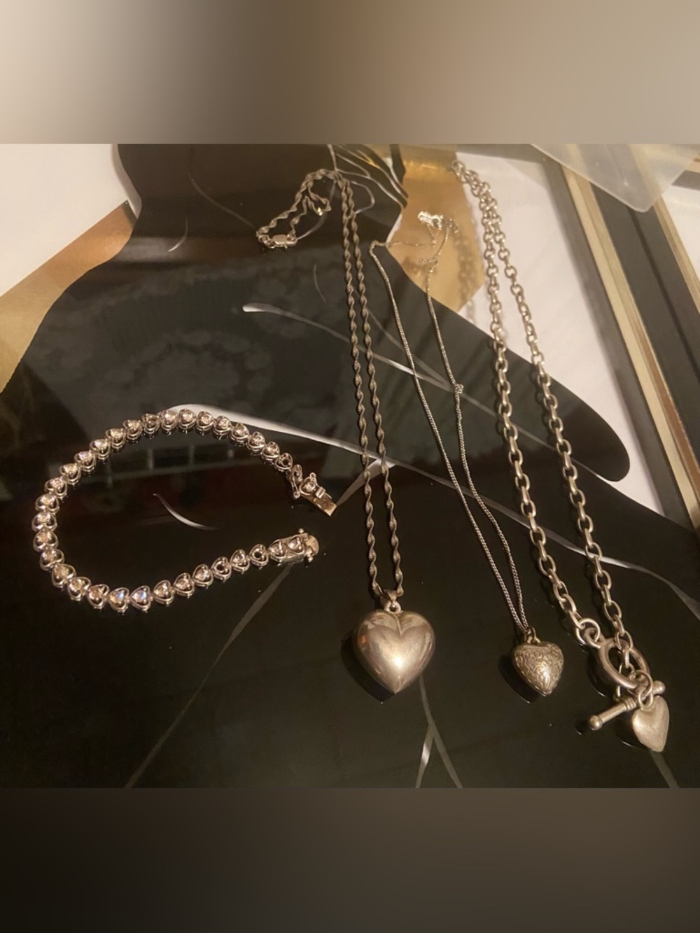3 Silver Heart Pendant Necklaces and a 925 Heart Bracelet Set - #35
